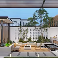 Modern Courtyard Garden Design With Outdoor Furniture Green Plants Lighting And Stone Paving