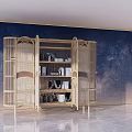 Elegant Wooden Bookcase With Rattan Panels Open Shelves And Starry Sky Wall