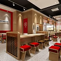 Chinese Restaurant Interior With Red Stools Wooden Tables And Counter Decor