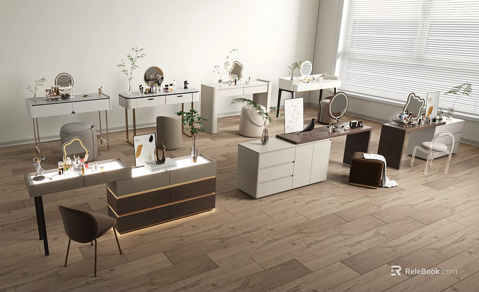 Modern Stylish Dressing Tables With Mirrors Drawers And Green Plants In Showroom 3d model 