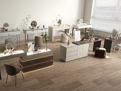 Modern Stylish Dressing Tables With Mirrors Drawers And Green Plants In Showroom 3d model