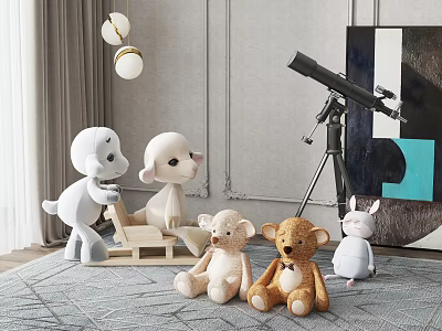 Plush Stuffed Toys White Lambs Teddy Bears Rabbit On Soft Rug With Wooden Rocking Horse 3d model