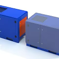 Blue Industrial Equipment Units With Metal Enclosures Vents And Control Panels