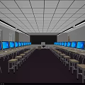 School Modern Classroom Featuring Rows of Computers Student Desks and Blackboard Setup 3d model
