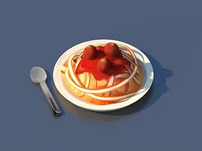 Delicious Noodles With Tomato Sauce And Three Meatballs On White Plate And Metal Spoon 3d model