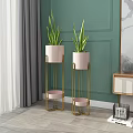 Blue Ceramic Planters On Gold Metal Plant Stands In Modern Room With Gray Curtains