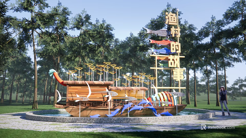 Wooden Boat Shaped Landscape Sculpture with Fishing Village Story and Fish Decorations Surrounded by Trees 3d model 