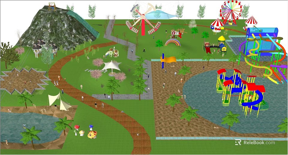 Colorful Amusement Park Scene Featuring Windmill Ferris Wheel Playground Slide Water Pool and Trees 3d model 