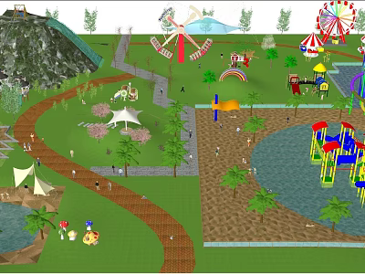 Colorful Amusement Park Scene Featuring Windmill Ferris Wheel Playground Slide Water Pool and Trees 3d model
