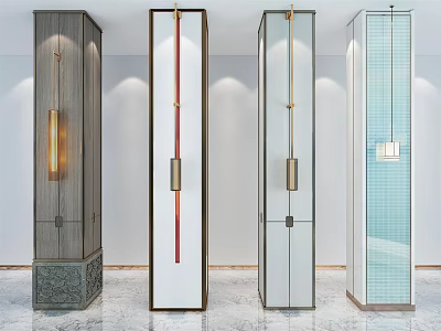 Modern Interior Design Featuring Four Different Designed Pillars With Wooden Metal And Glass Elements 3d model