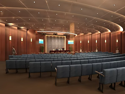 Spacious Conference Room Interior With Blue Seats Wooden Walls Ceiling Lights Podium And Screen 3d model