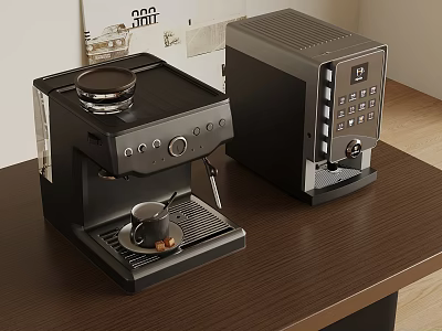 Modern Black Coffee Machines With Control Panel And Coffee Outlet On Wooden Table 3d model