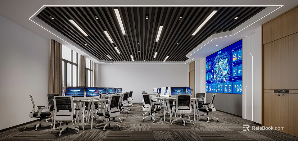 Modern Laboratory Setup With Multiple Computers Tables Chairs And Large Screen 3d model 
