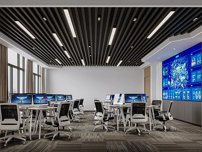 Modern Laboratory Setup With Multiple Computers Tables Chairs And Large Screen 3d model