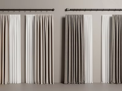 Modern Curtains in Beige Grey and White Hanging on Curtain Rods for Home Decor 3d model