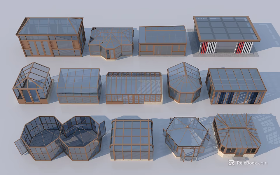 Diverse Glass Greenhouse Models With Various Shapes And Structural Frame Designs 3d model 