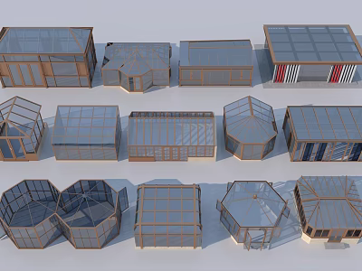 Diverse Glass Greenhouse Models With Various Shapes And Structural Frame Designs 3d model