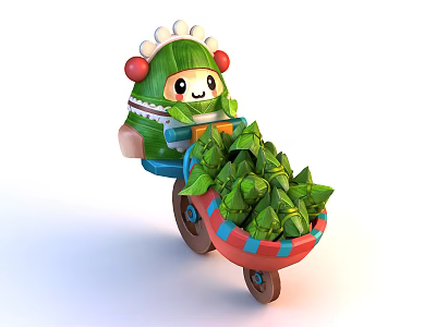 Cute Green Doll With White Red Head Decorations Pushing Red Blue Cart Filled With Zongzi 3d model
