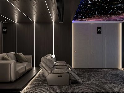 Home Theater Interior With Starry Ceiling LED Strip Lights Gray Recliner Chairs And Dark Walls 3d model