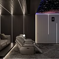 Home Theater Interior With Starry Ceiling LED Strip Lights Gray Recliner Chairs And Dark Walls