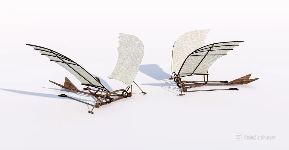 Vintage Antique Flying Machine Models With White Sails And Wooden Frames 3d model 