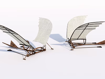 Vintage Antique Flying Machine Models With White Sails And Wooden Frames 3d model