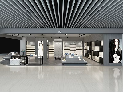 Bright Modern Retail Store Interior With Slatted Ceiling Display Shelves Sofa Mannequin And Poster 3d model