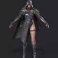 Woman In Black Armor Costume With Long Cloak Metallic Details And Tall Boots