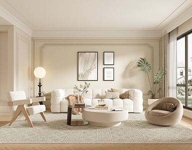 Modern Cream Style Living Room Sofa Coffee Table Combination Fabric Sofa Mother and Child Coffee Table Decorative Painting Casual Chair 3d model