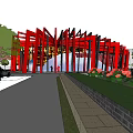 Modern Vertical Framed Sales Office Building With Red Black Structure And Front Plaza