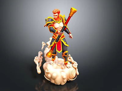 Mythical Armored Man With Red Hair Holding Golden Staff On Cloud Base 3d model