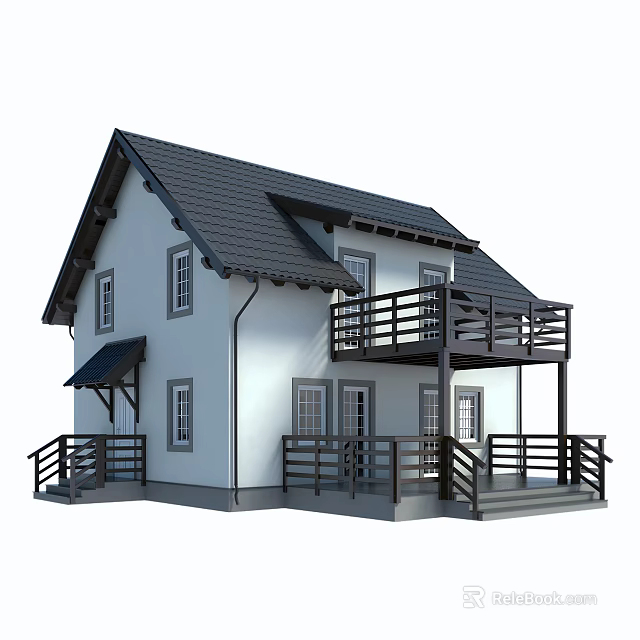 Detached House With White Exterior Black Roof Balcony And Wooden Railings 3d model 