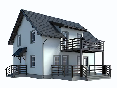 Detached House With White Exterior Black Roof Balcony And Wooden Railings 3d model