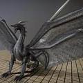 Majestic Mythical Flying Dragon With Spread Wings Standing On Grid Patterned Floor Against Gray Background