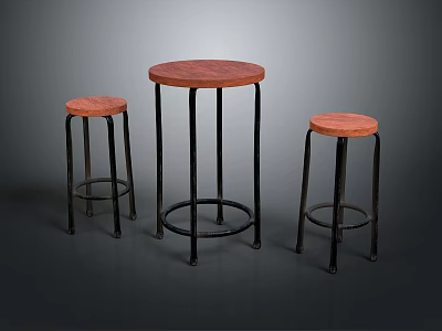 Wooden Bar Counter Round Top With Black Metal Legs And Matching Stools 3d model