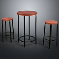 Wooden Bar Counter Round Top With Black Metal Legs And Matching Stools