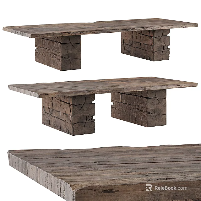 Rustic Wooden Coffee Table With Natural Wood Texture And Block Leg Design 3d model 