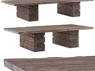 Rustic Wooden Coffee Table With Natural Wood Texture And Block Leg Design 3d model