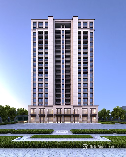 Modern High Rise Residential Building With Numerous Windows Ground Floor Entrance And Surrounding Green Trees 3d model 