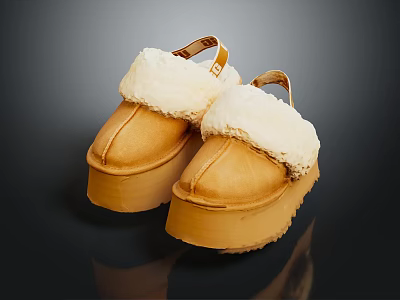 Brown Leather Platform Slippers With Faux Fur Trim And Soft Comfortable Sole 3d model