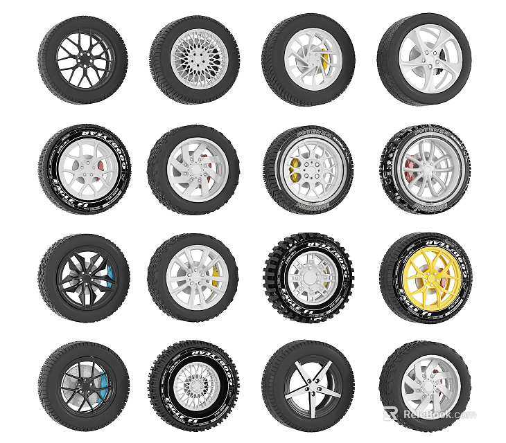 Various Car Tires With Different Rim Styles And Stylish Alloy Wheel Designs 3d model 