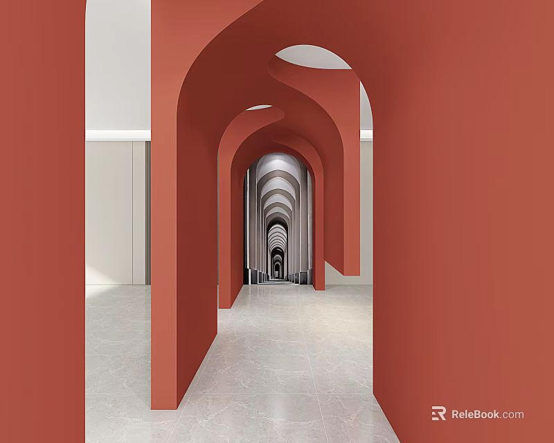 Modern Elevator Corridor Interior With Red Arches And Polished Floor 3d model 