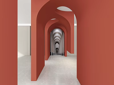 Modern Elevator Corridor Interior With Red Arches And Polished Floor 3d model