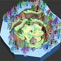 Cartoon Forest Scene With Blue Green Trees Grassland Path And Small Characters