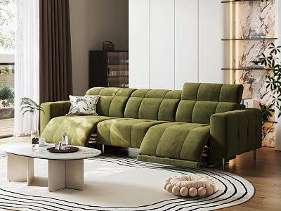 Green Velvet L Shaped Sofa and White Round Coffee Table Set in Modern Living Room 3d model