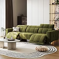 Green Velvet L Shaped Sofa and White Round Coffee Table Set in Modern Living Room