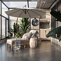 Modern Villa Balcony with Outdoor Lounge Seating Large Umbrella Green Plants and Scenic View