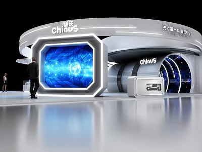 Chiaus Modern Exhibition Booth With Large Blue Screen And Futuristic Lighting Design 3d model
