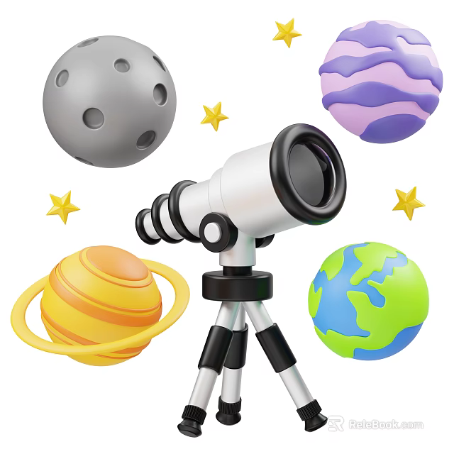 Space Themed Miniature Decorative Ornament Set With Telescope Planets And Stars 3d model 