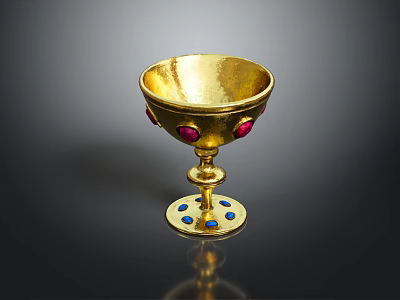 Elegant Golden Decorative Cup With Red Gemstones And Blue Stones On Base 3d model